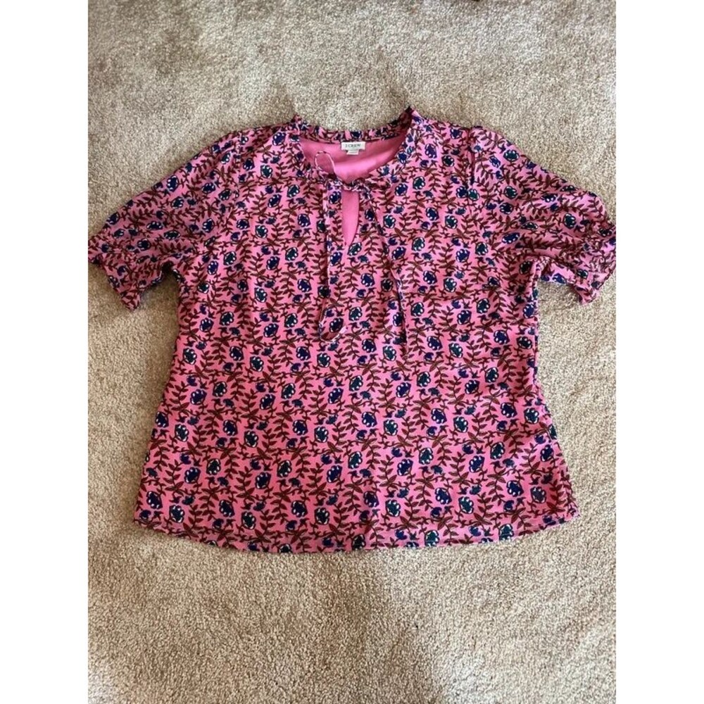 J.Crew Women L Pink Floral Tie Neck Short Sleeve Blouse Top